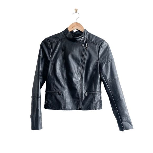 Banana Republic Womens Moto Faux Leather Jacket Full Zip Mock Neck Black XS - Picture 1 of 7